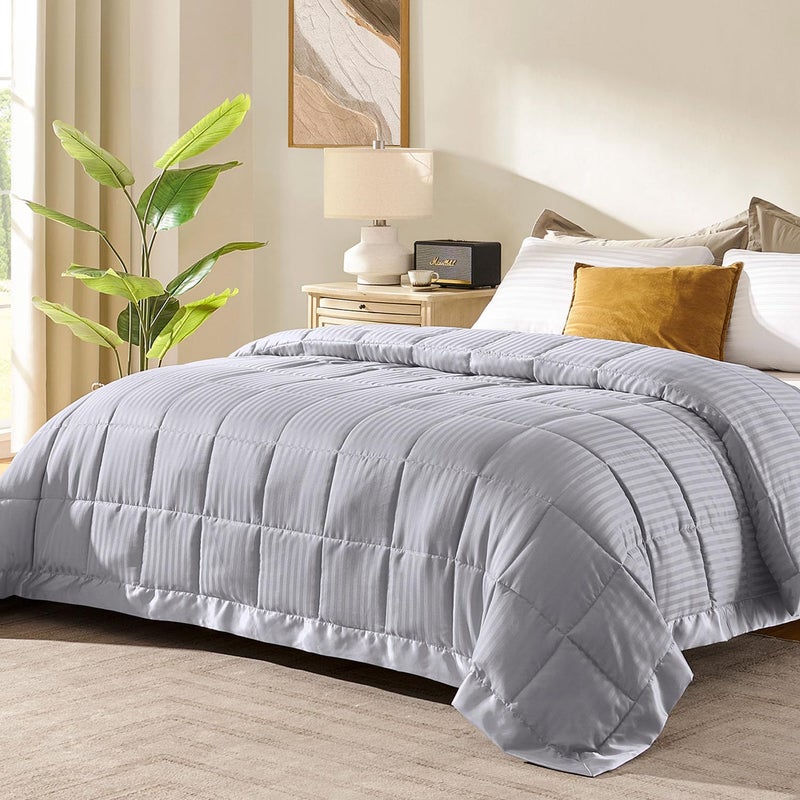 downluxe Queen Size Blanket with Satin Trim, Lightweight Down Alternative Blankets Queen Size for All Season, Machine Washable (Silver, 90x90 Inch) - Image 1